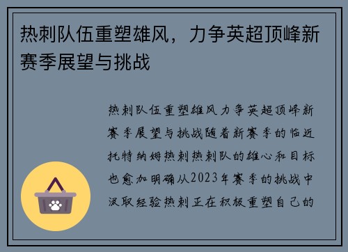 热刺队伍重塑雄风，力争英超顶峰新赛季展望与挑战