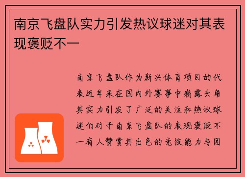 南京飞盘队实力引发热议球迷对其表现褒贬不一